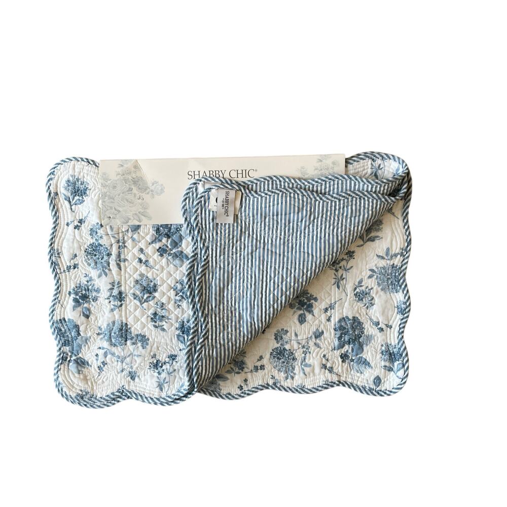 Shabby Chic Placemats Blue Hydrangea Reverse Stripes 13x19 Set of 4 Cotton NEW - Picture 9 of 15